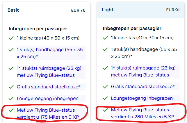 Basic vs. Light tarief KLM