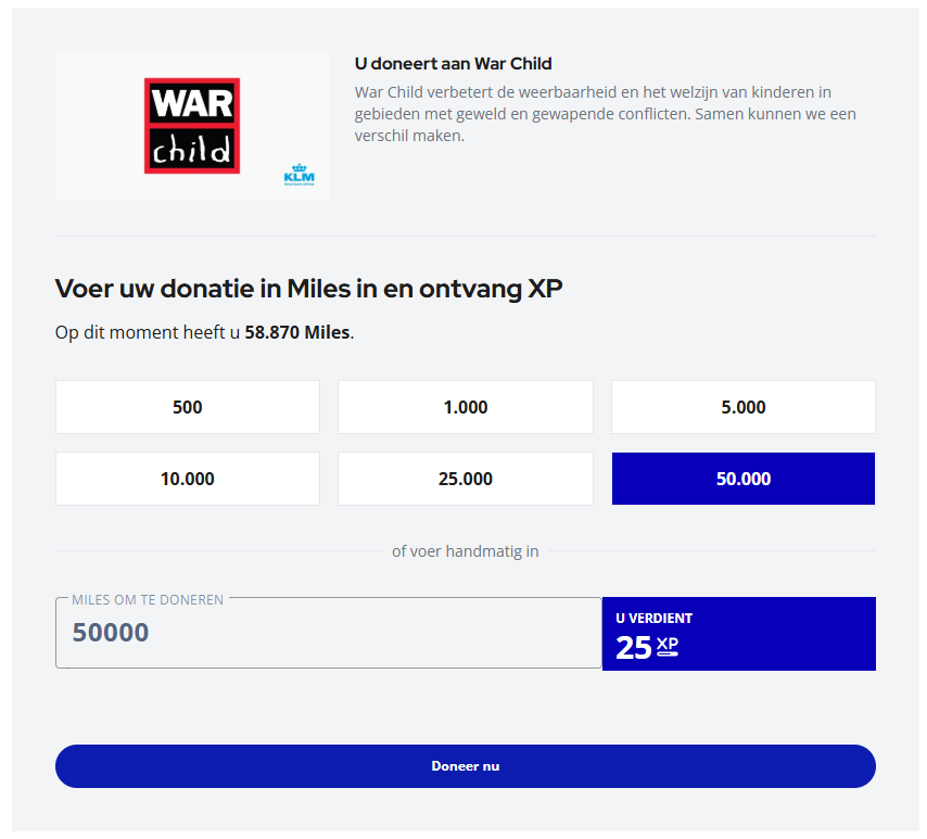 Miles doneren aan WarChild Flying Blue